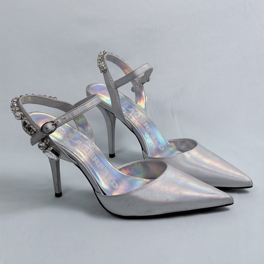 Karl Lagerfeld Paris Size-11 M Women's Shelli Pump Heel Silver SlingBack